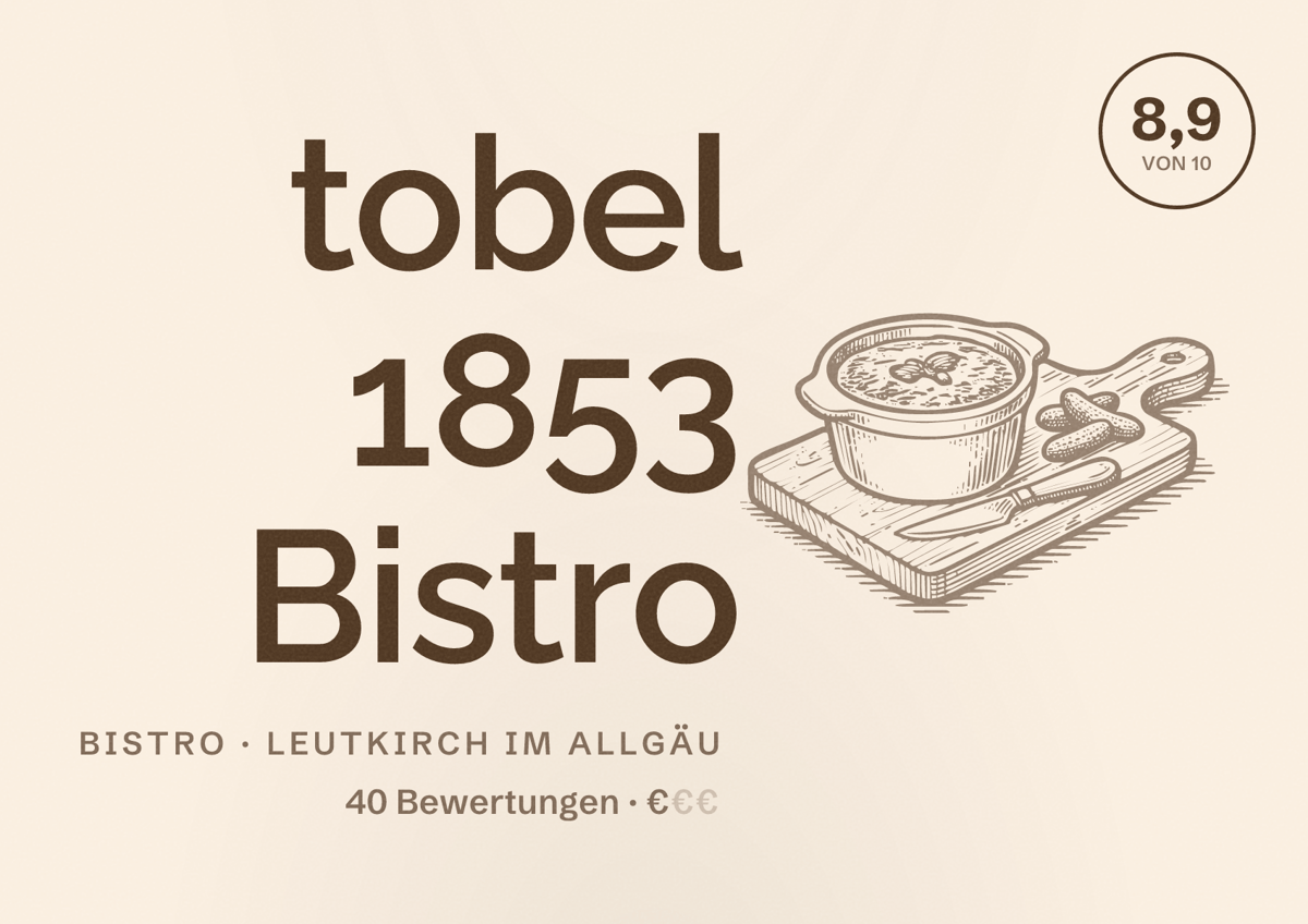 Illustriertes Poster von tobel 1853 Bistro, Bistro in Leutkirch im Allgäu: Bewertung 8,9 von 10 aus 40 Bewertungen, Preisniveau €
