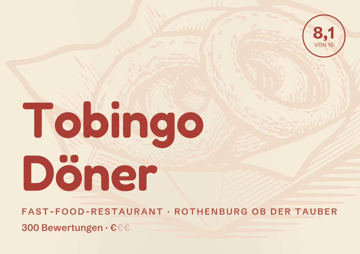 Illustriertes Poster von Tobingo Döner, Fast-Food-Restaurant in Rothenburg ob der Tauber: Bewertung 8,1 von 10 aus 300 Bewertungen, Preisniveau €