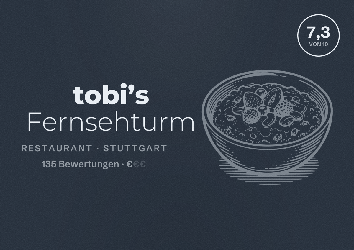 Illustriertes Poster von tobi’s Fernsehturm, Restaurant in Stuttgart: Bewertung 7,3 von 10 aus 135 Bewertungen, Preisniveau €