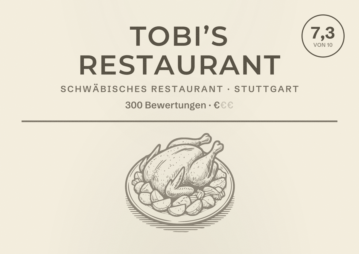 Illustriertes Poster von tobi’s Restaurant, Schwäbisches Restaurant in Stuttgart: Bewertung 7,3 von 10 aus 300 Bewertungen, Preisniveau €