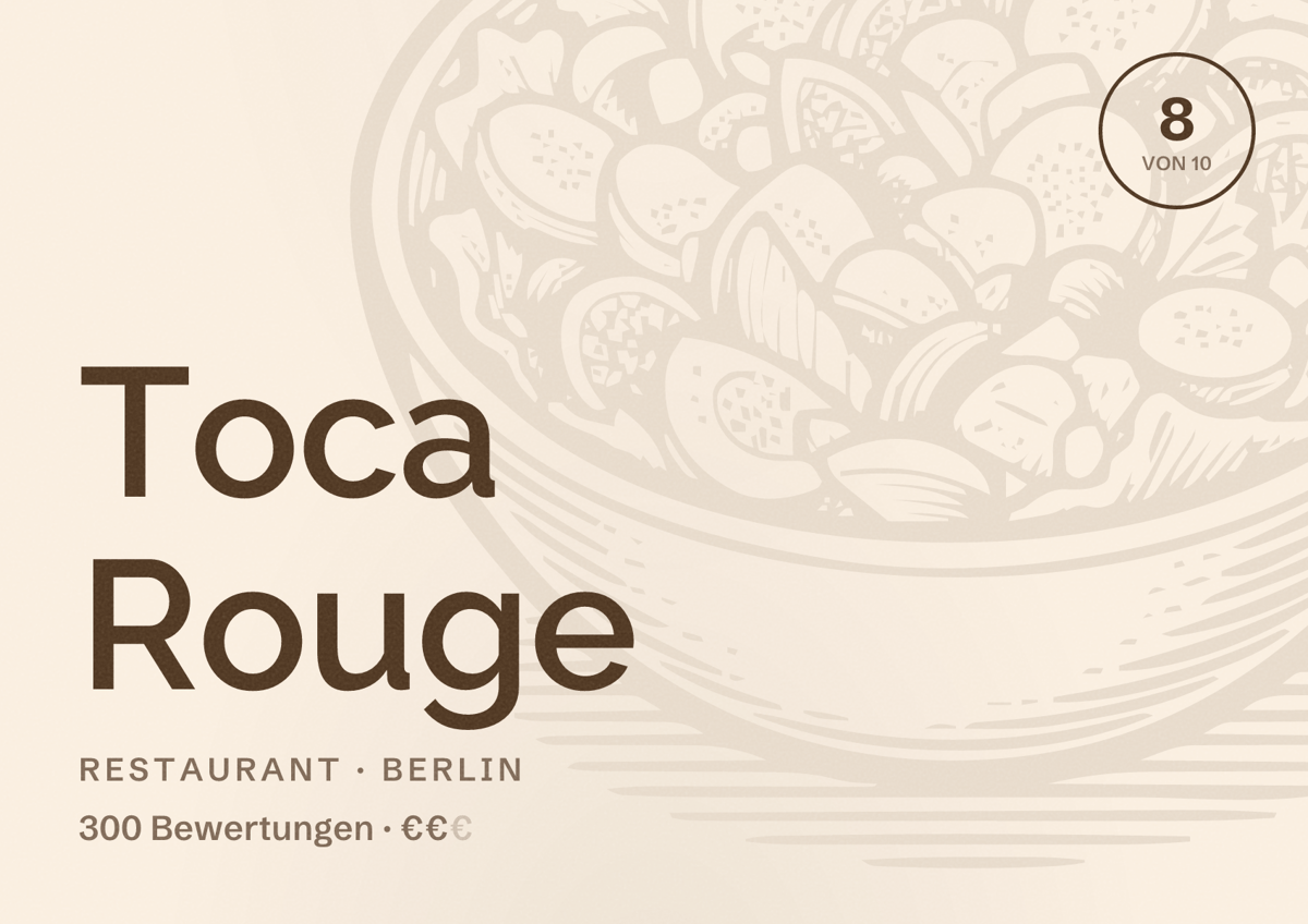 Illustriertes Poster von Toca Rouge, Restaurant in Berlin: Bewertung 8 von 10 aus 300 Bewertungen, Preisniveau €€