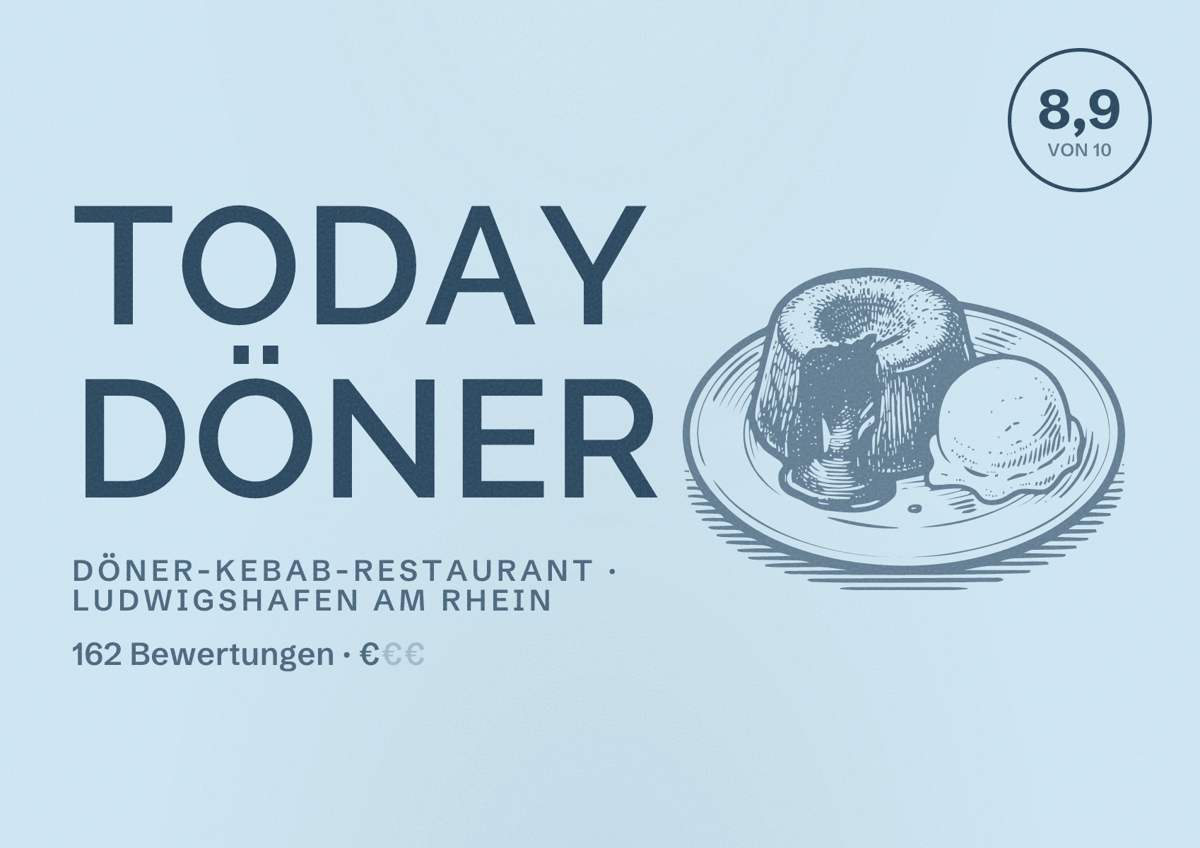 Illustriertes Poster von Today Döner, Döner-Kebab-Restaurant in Ludwigshafen am Rhein: Bewertung 8,9 von 10 aus 162 Bewertungen, Preisniveau €