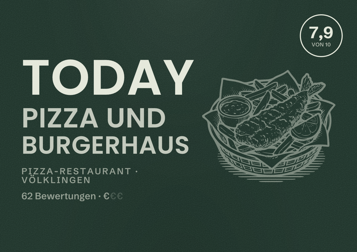 Illustriertes Poster von Today Pizza und Burgerhaus, Pizza-Restaurant in Völklingen: Bewertung 7,9 von 10 aus 62 Bewertungen, Preisniveau €