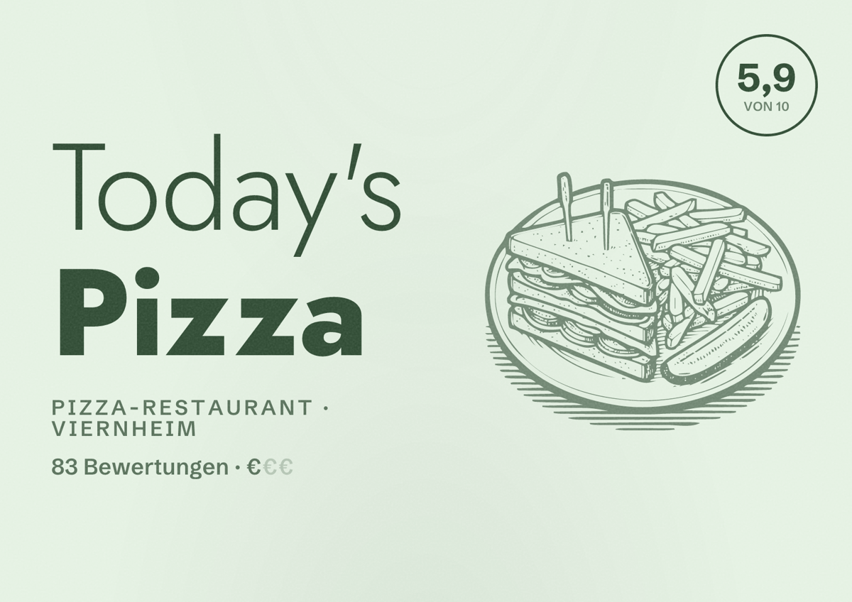 Illustriertes Poster von Today's Pizza, Pizza-Restaurant in Viernheim: Bewertung 5,9 von 10 aus 83 Bewertungen, Preisniveau €