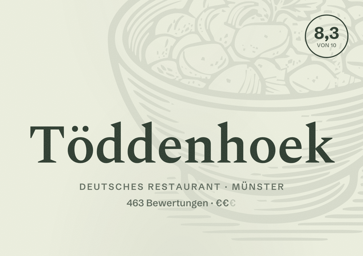 Illustriertes Poster von Töddenhoek, Deutsches Restaurant in Münster: Bewertung 8,3 von 10 aus 463 Bewertungen, Preisniveau €€