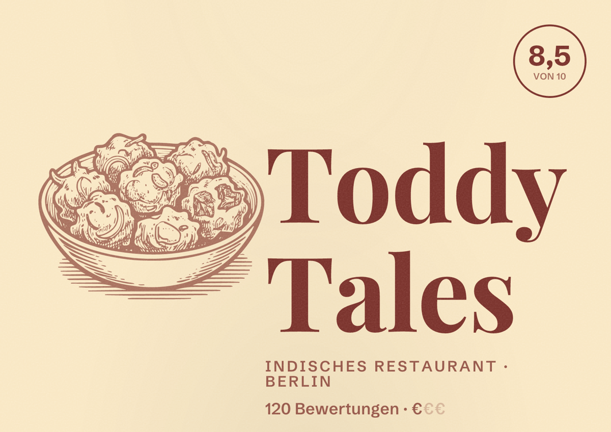 Illustriertes Poster von Toddy Tales, Indisches Restaurant in Berlin: Bewertung 8,5 von 10 aus 120 Bewertungen, Preisniveau €