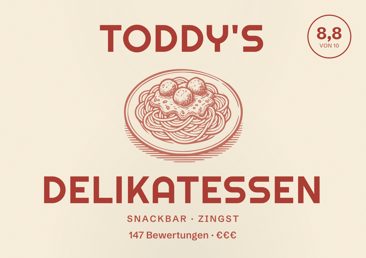 Illustriertes Poster von Toddy's Delikatessen, Snackbar in Zingst: Bewertung 8,8 von 10 aus 147 Bewertungen, Preisniveau €€€