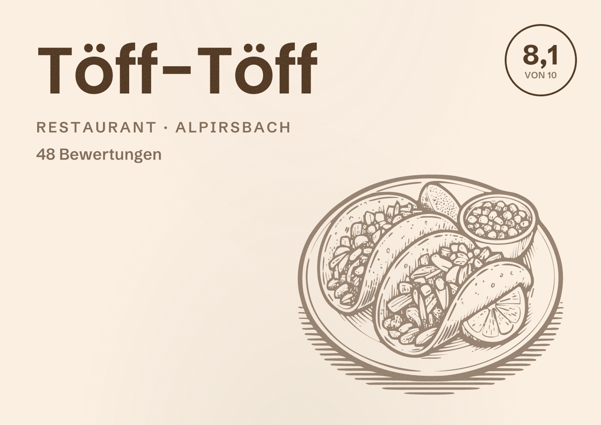 Illustriertes Poster von Töff-Töff, Restaurant in Alpirsbach: Bewertung 8,1 von 10 aus 48 Bewertungen