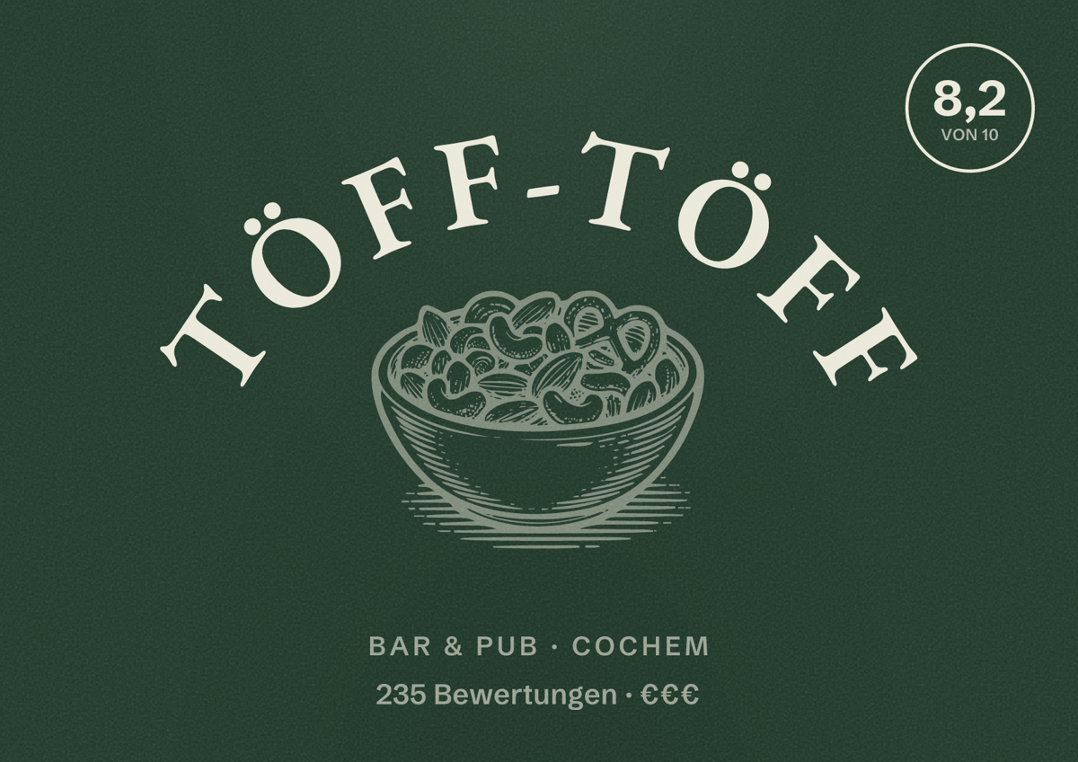 Illustriertes Poster von Töff-Töff, Bar & Pub in Cochem: Bewertung 8,2 von 10 aus 235 Bewertungen, Preisniveau €€€