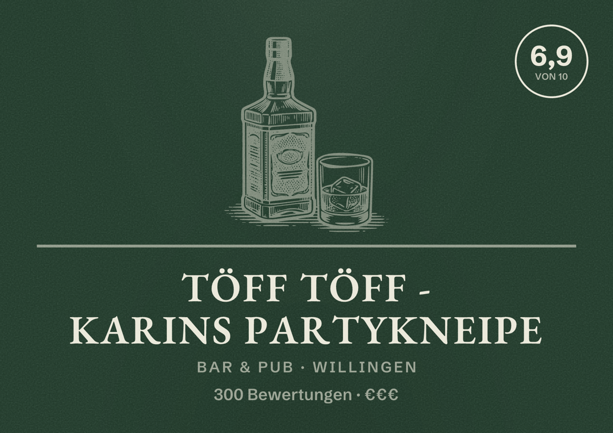 Illustriertes Poster von Töff Töff - Karins Partykneipe, Bar & Pub in Willingen: Bewertung 6,9 von 10 aus 300 Bewertungen, Preisniveau €€€