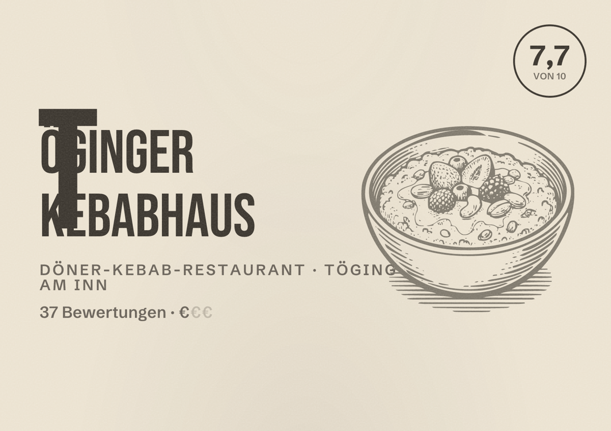 Illustriertes Poster von Töginger Kebabhaus, Döner-Kebab-Restaurant in Töging am Inn: Bewertung 7,7 von 10 aus 37 Bewertungen, Preisniveau €