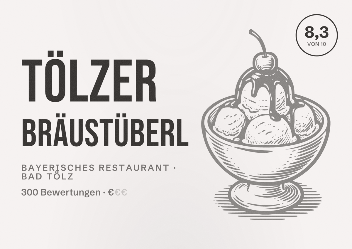 Illustriertes Poster von Tölzer Bräustüberl, Bayerisches Restaurant in Bad Tölz: Bewertung 8,3 von 10 aus 300 Bewertungen, Preisniveau €