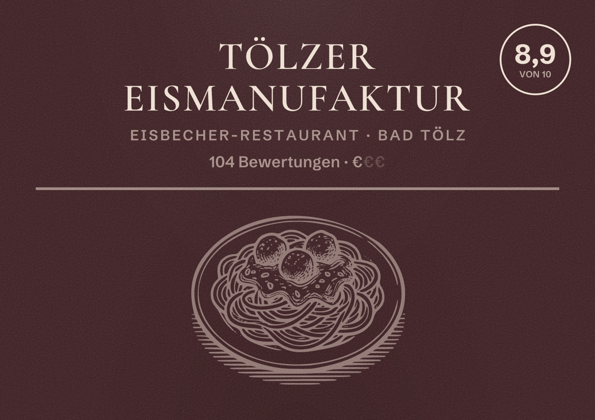Illustriertes Poster von Tölzer Eismanufaktur, Eisbecher-Restaurant in Bad Tölz: Bewertung 8,9 von 10 aus 104 Bewertungen, Preisniveau €