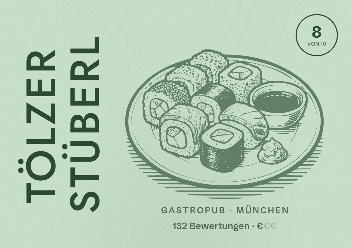 Illustriertes Poster von Tölzer Stüberl, Gastropub in München: Bewertung 8,0 von 10 aus 132 Bewertungen, Preisniveau €