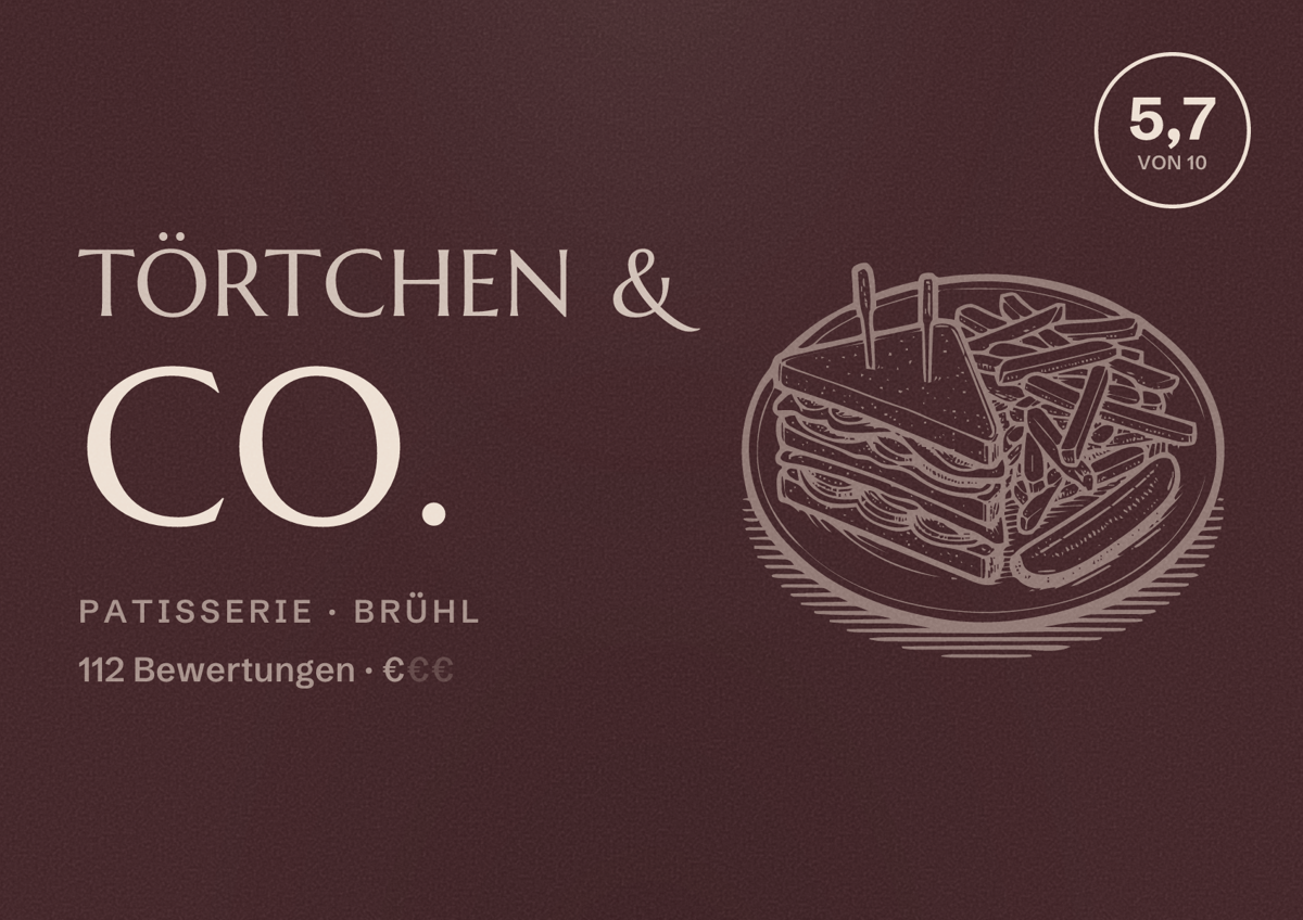 Illustriertes Poster von Törtchen & Co., Patisserie in Brühl: Bewertung 5,7 von 10 aus 112 Bewertungen, Preisniveau €