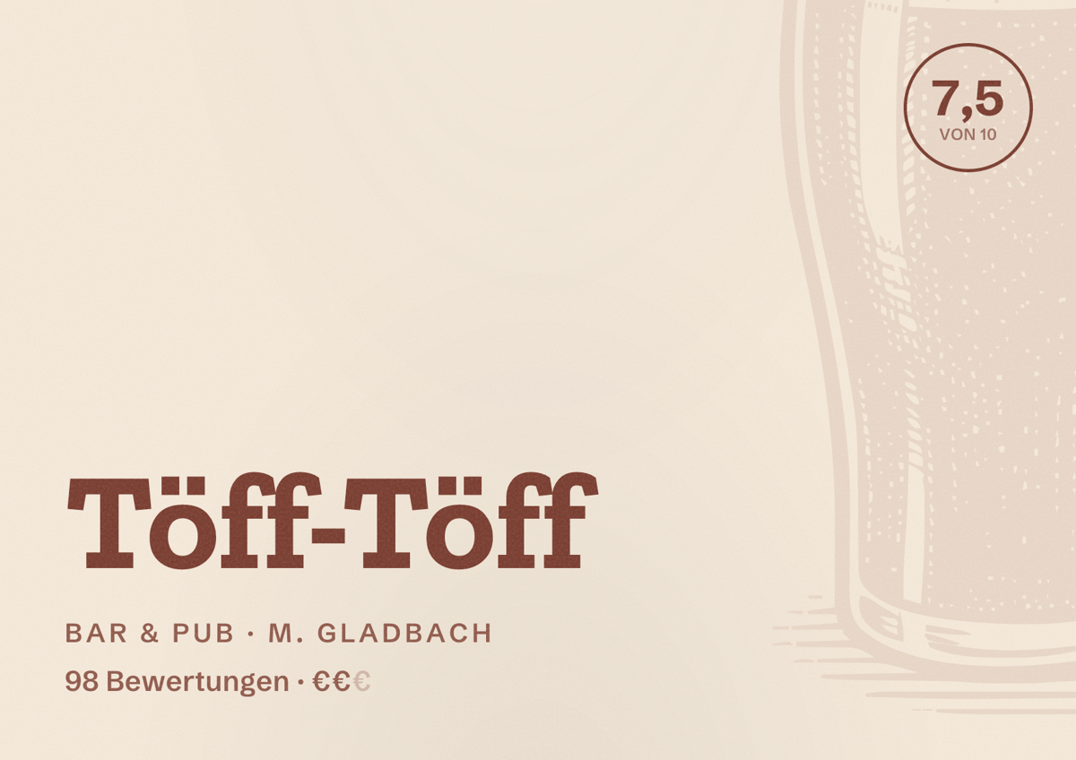Illustriertes Poster von Töff-Töff, Bar & Pub in M. Gladbach: Gästebewertung 7,5 von 10 aus 98 Bewertungen