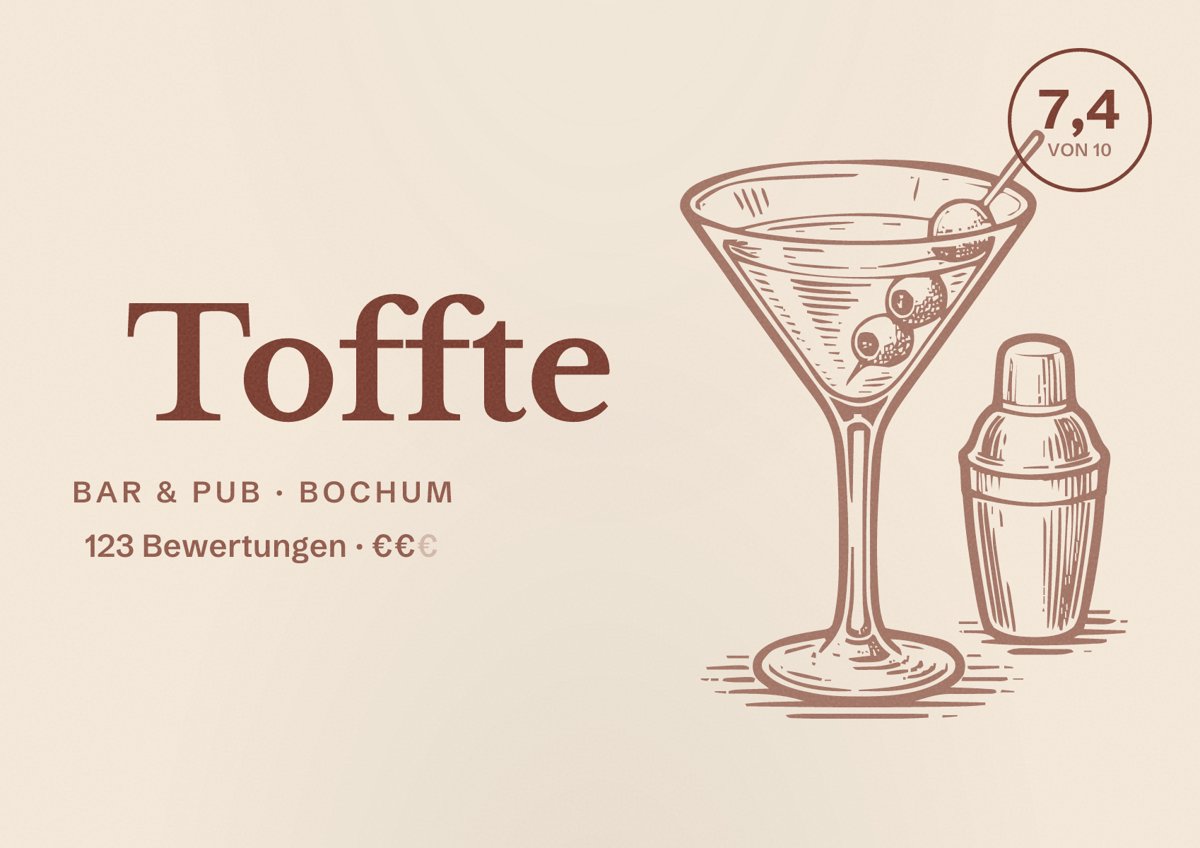 Illustriertes Poster von Toffte, Bar & Pub in Bochum: Bewertung 7,4 von 10 aus 123 Bewertungen, Preisniveau €€