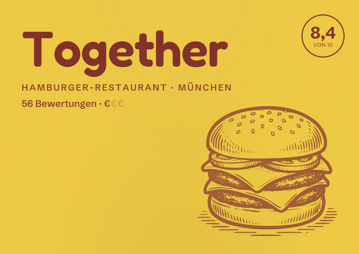 Illustriertes Poster von Together, Hamburger-Restaurant in München: Bewertung 8,4 von 10 aus 56 Bewertungen, Preisniveau €