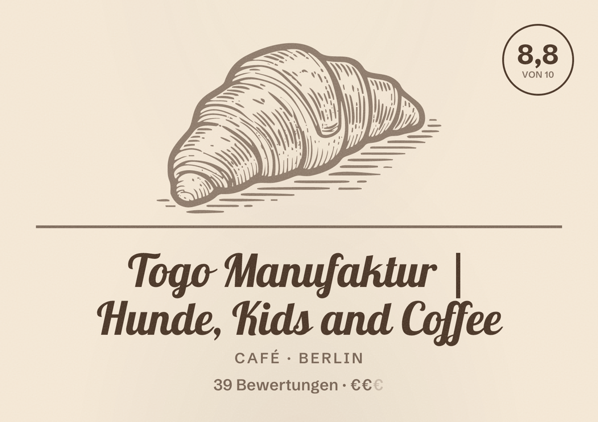 Illustriertes Poster von Togo Manufaktur | Hunde, Kids and Coffee, Café in Berlin: Bewertung 8,8 von 10 aus 39 Bewertungen, Preisniveau €€