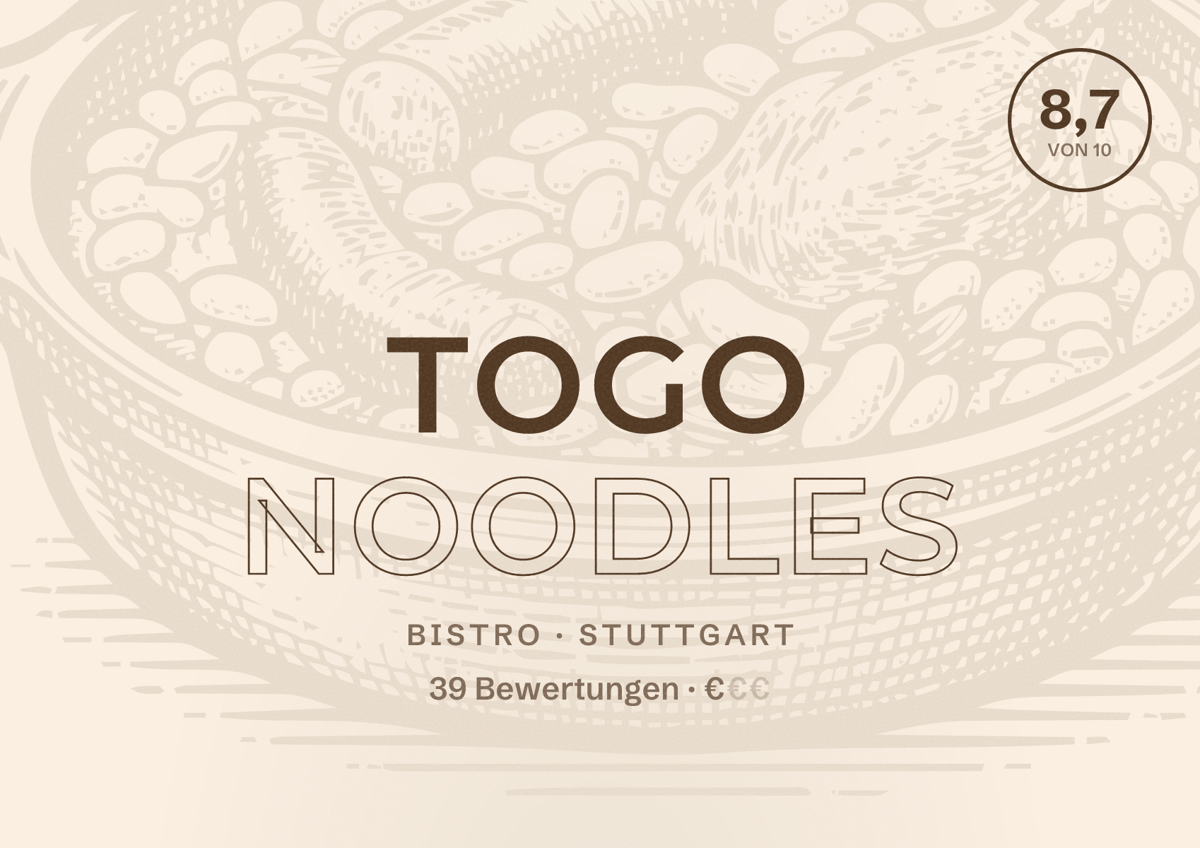 Illustriertes Poster von Togo Noodles, Bistro in Stuttgart: Bewertung 8,7 von 10 aus 39 Bewertungen, Preisniveau €