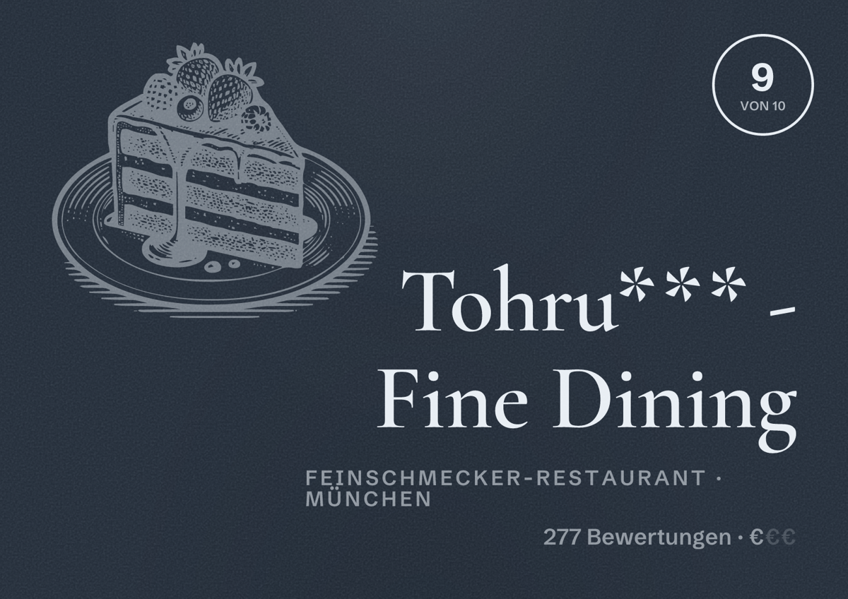 Illustriertes Poster von Tohru*** - Fine Dining, Feinschmecker-Restaurant in München: Bewertung 9,0 von 10 aus 277 Bewertungen, Preisniveau €