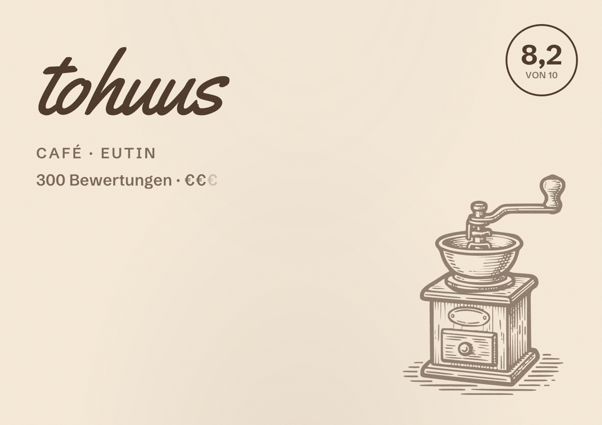 Illustriertes Poster von tohuus, Café in Eutin: Bewertung 8,2 von 10 aus 300 Bewertungen, Preisniveau €€