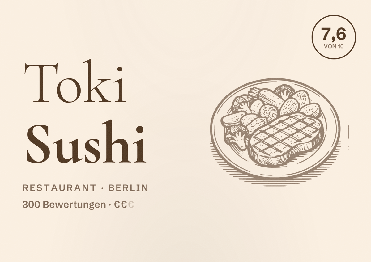 Illustriertes Poster von Toki Sushi, Restaurant in Berlin: Bewertung 7,6 von 10 aus 300 Bewertungen, Preisniveau €€