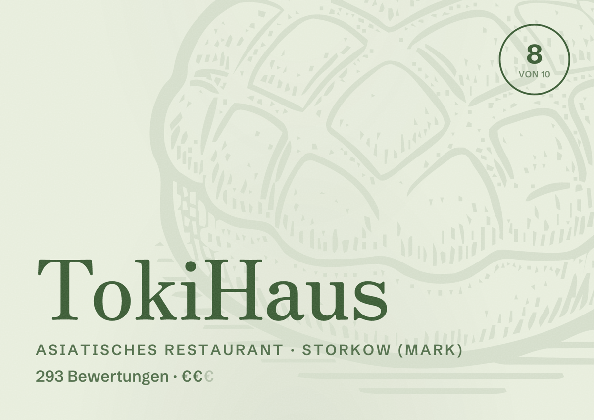 Illustriertes Poster von TokiHaus, Asiatisches Restaurant in Storkow (Mark): Bewertung 8 von 10 aus 293 Bewertungen, Preisniveau €€