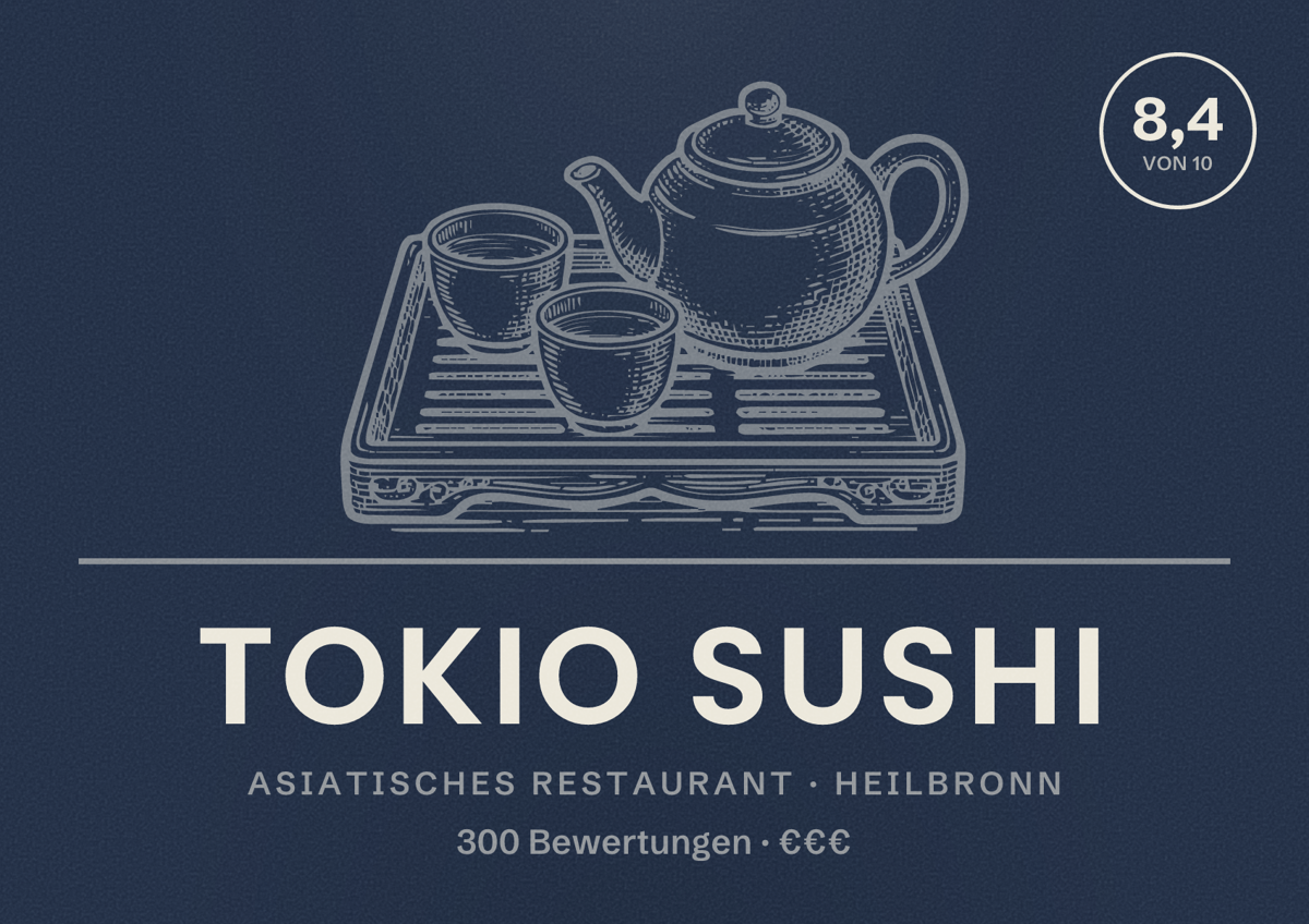Illustriertes Poster von Tokio Sushi, Asiatisches Restaurant in Heilbronn: Bewertung 8,4 von 10 aus 300 Bewertungen, Preisniveau €€€