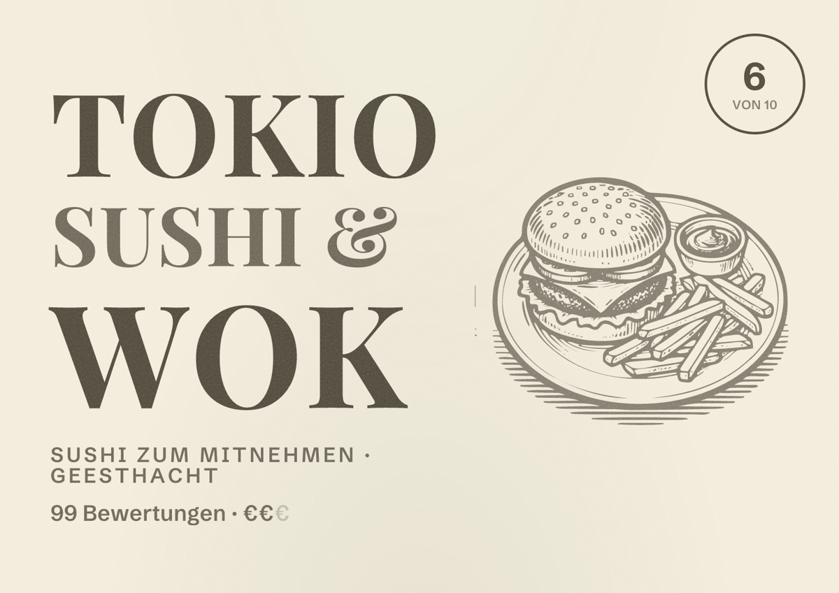 Illustriertes Poster von Tokio Sushi & Wok, Sushi zum Mitnehmen in Geesthacht: Bewertung 6 von 10 aus 99 Bewertungen, Preisniveau €€