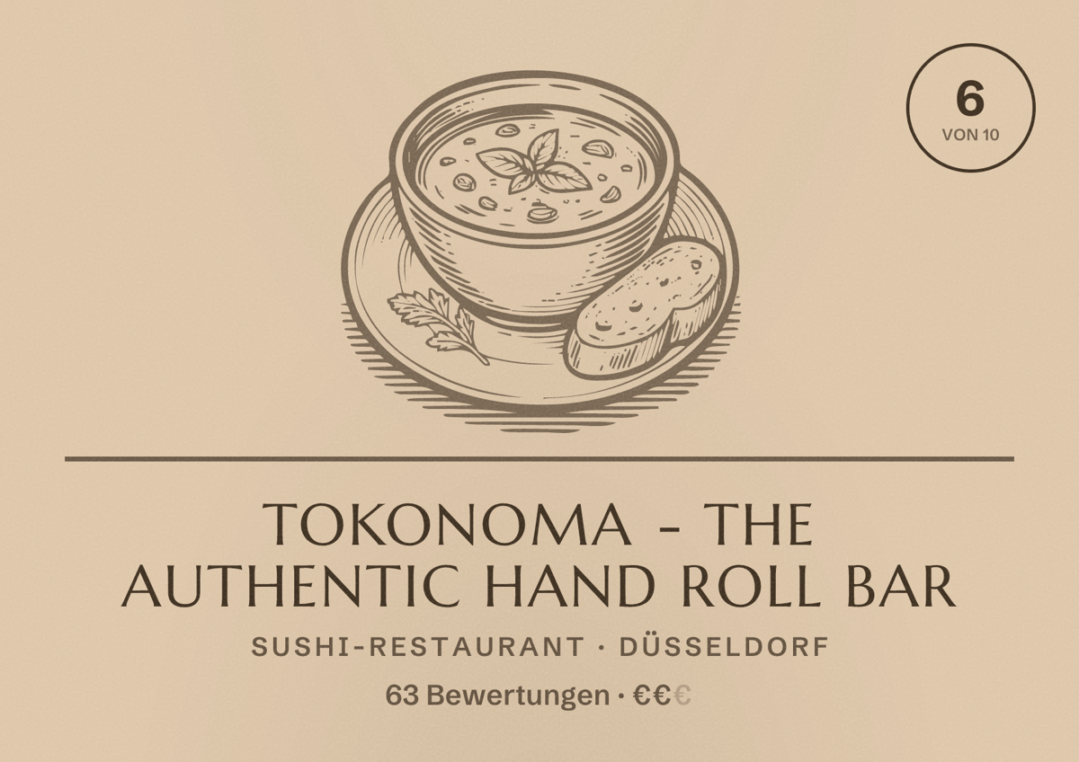 Illustriertes Poster von Tokonoma - The Authentic Hand Roll Bar, Sushi-Restaurant in Düsseldorf: Bewertung 6,0 von 10 aus 63 Bewertungen, Preisniveau €€