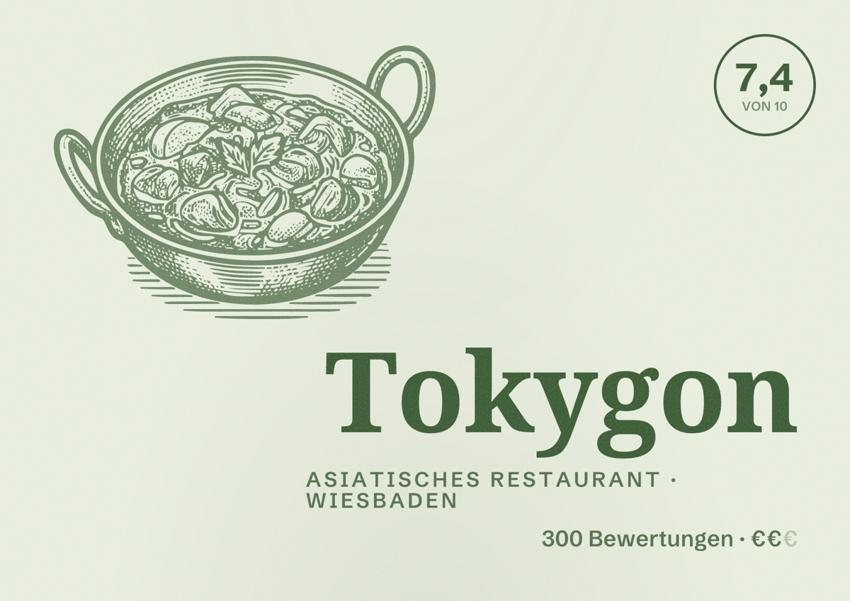 Illustriertes Poster von Tokygon, Asiatisches Restaurant in Wiesbaden: Bewertung 7,4 von 10 aus 300 Bewertungen, Preisniveau €€