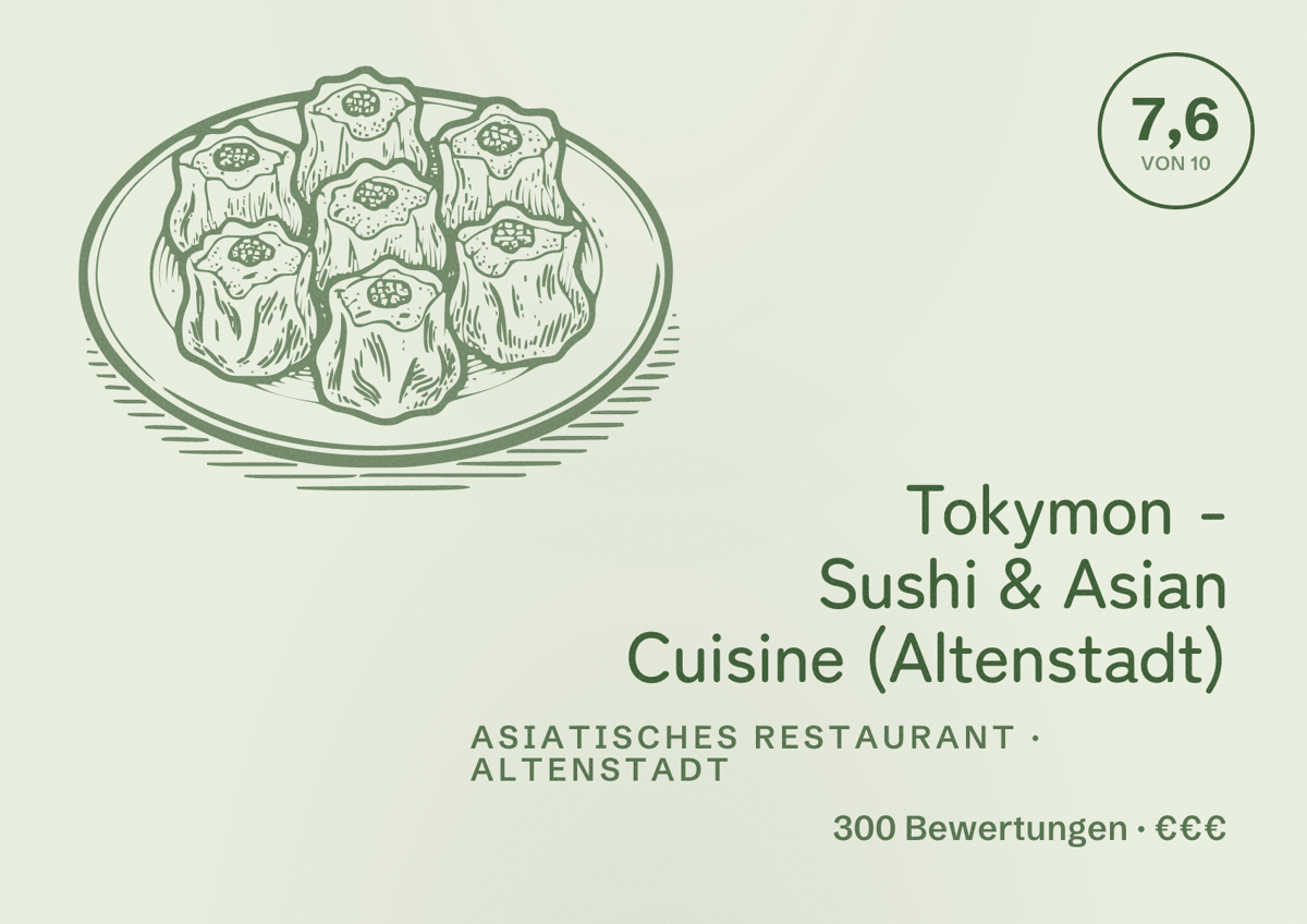 Illustriertes Poster von Tokymon - Sushi & Asian Cuisine (Altenstadt), Asiatisches Restaurant in Altenstadt: Bewertung 7,6 von 10 aus 300 Bewertungen, Preisniveau €€€