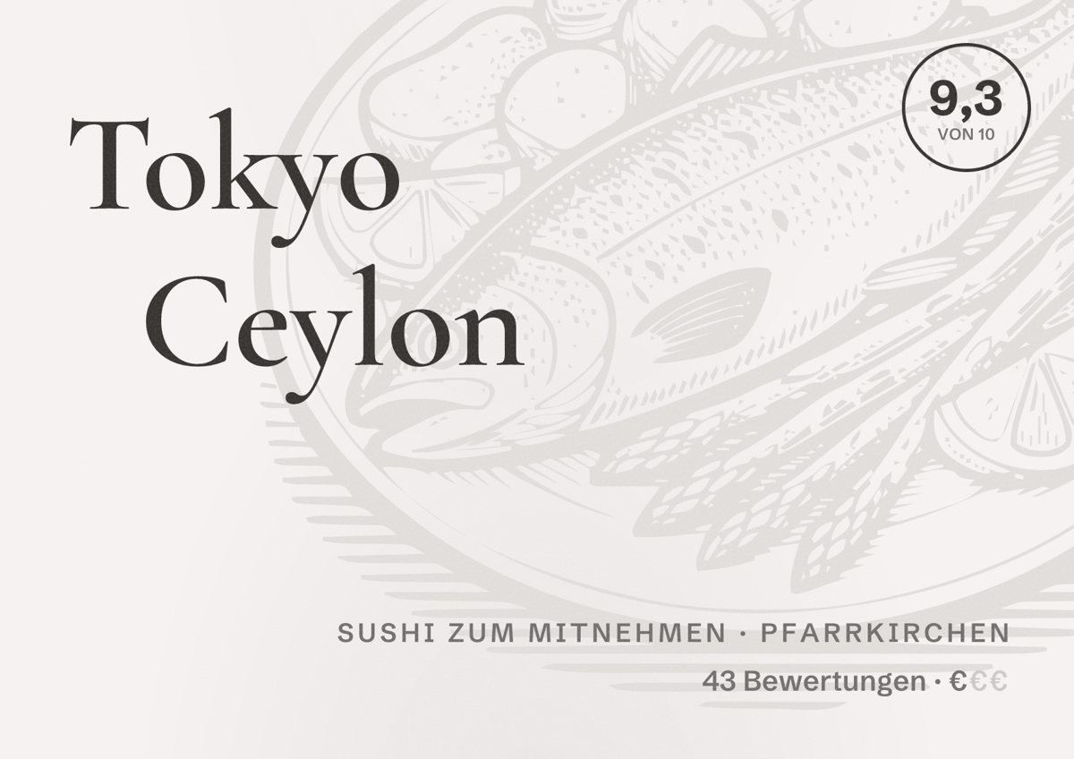 Illustriertes Poster von Tokyo Ceylon, Sushi zum Mitnehmen in Pfarrkirchen: Bewertung 9,3 von 10 aus 43 Bewertungen, Preisniveau €