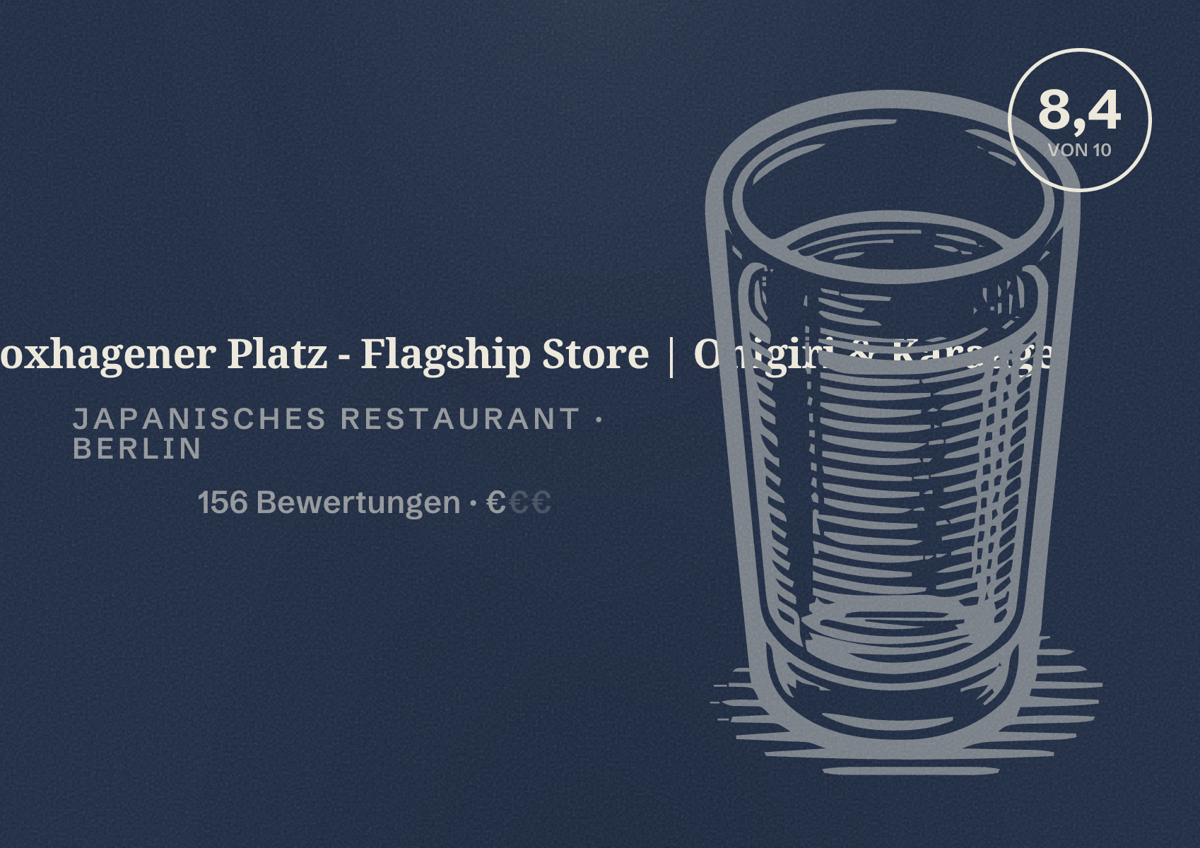 Illustriertes Poster von Tokyo Gohan Boxhagener Platz - Flagship Store | Onigiri & Karaage, Japanisches Restaurant in Berlin: Bewertung 8,4 von 10 aus 156 Bewertungen, Preisniveau €