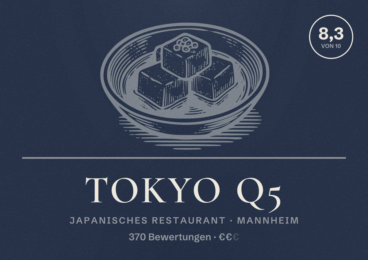 Illustriertes Poster von Tokyo Q5, Japanisches Restaurant in Mannheim: Bewertung 8,3 von 10 aus 370 Bewertungen, Preisniveau €€
