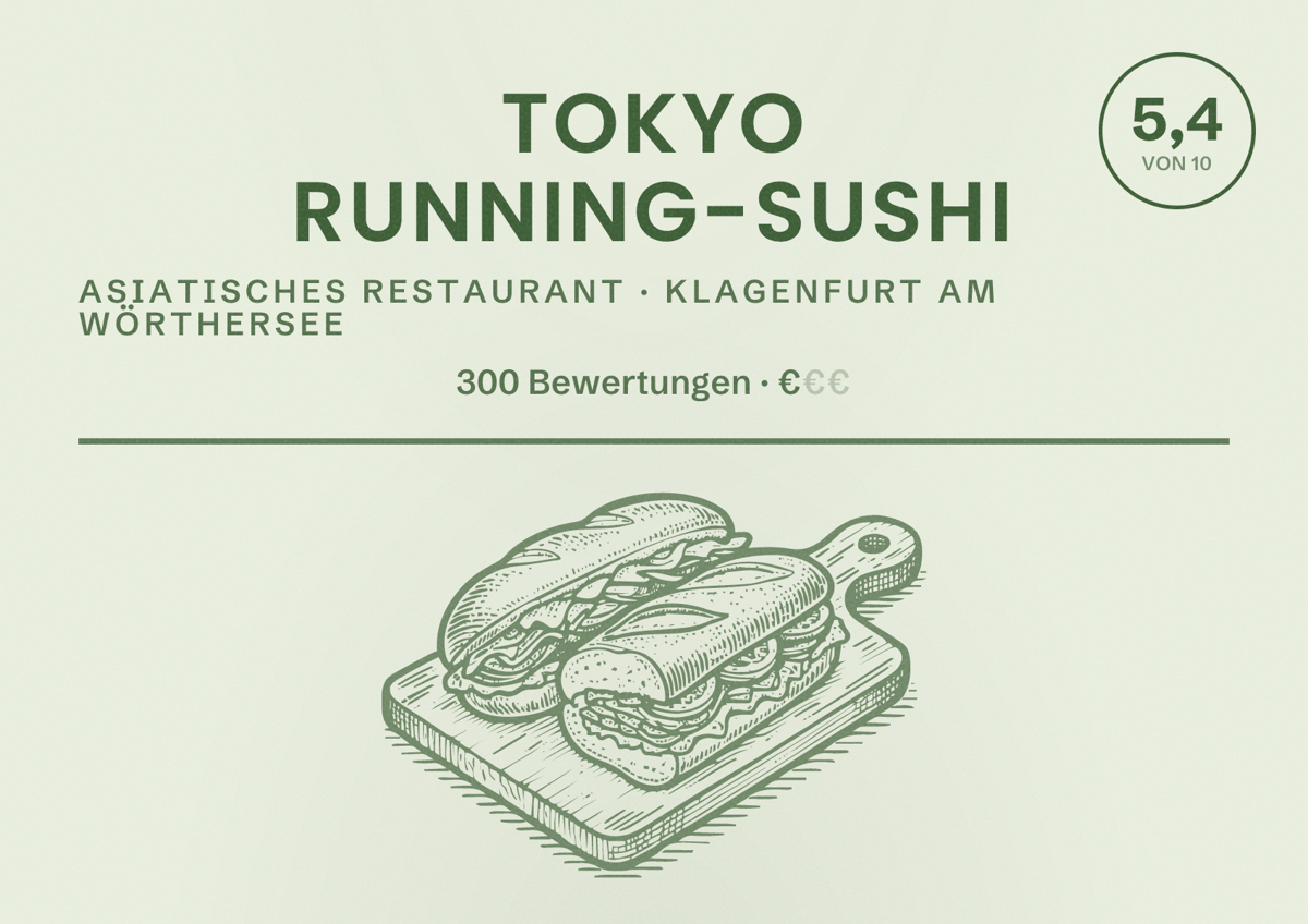 Illustriertes Poster von Tokyo Running-Sushi, Asiatisches Restaurant in Klagenfurt am Wörthersee: Bewertung 5,4 von 10 aus 300 Bewertungen, Preisniveau €