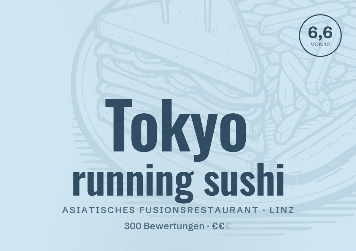 Illustriertes Poster von Tokyo running sushi, Asiatisches Fusionsrestaurant in Linz: Bewertung 6,6 von 10 aus 300 Bewertungen, Preisniveau €€
