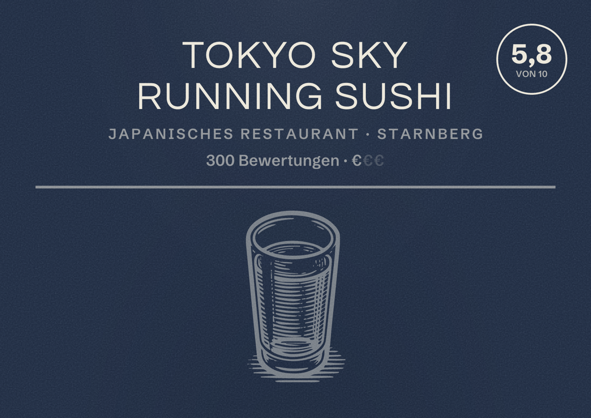 Illustriertes Poster von Tokyo Sky Running Sushi, Japanisches Restaurant in Starnberg: Bewertung 5,8 von 10 aus 300 Bewertungen, Preisniveau €