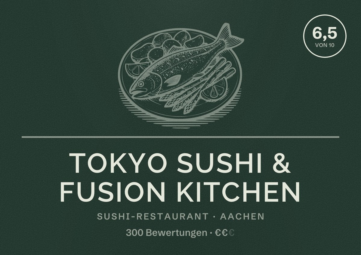 Illustriertes Poster von Tokyo Sushi & Fusion Kitchen, Sushi-Restaurant in Aachen: Bewertung 6,5 von 10 aus 300 Bewertungen, Preisniveau €€