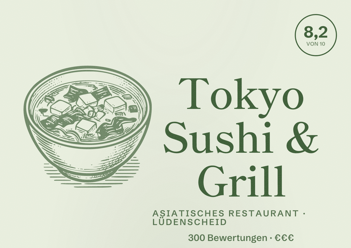 Illustriertes Poster von Tokyo Sushi & Grill, Asiatisches Restaurant in Lüdenscheid: Bewertung 8,2 von 10 aus 300 Bewertungen, Preisniveau €€€