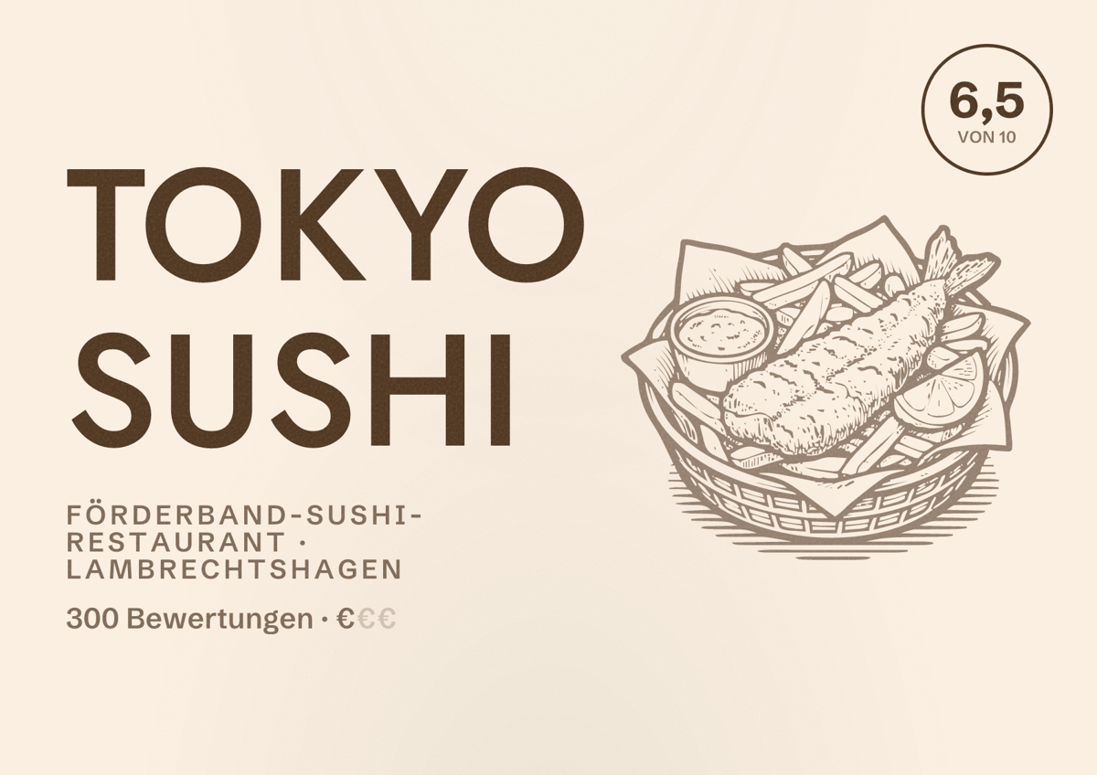 Illustriertes Poster von Tokyo Sushi, Förderband-Sushi-Restaurant in Lambrechtshagen: Bewertung 6,5 von 10 aus 300 Bewertungen, Preisniveau €