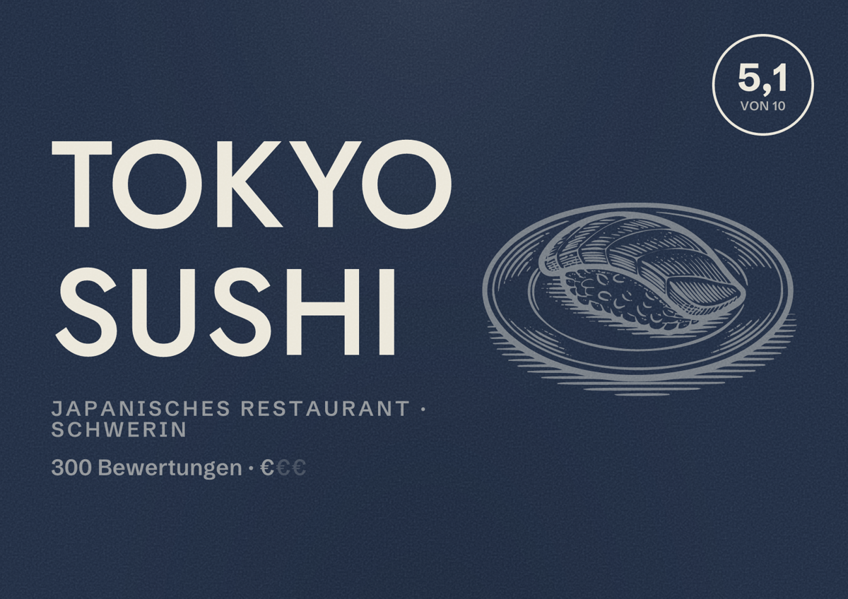 Illustriertes Poster von Tokyo Sushi, Japanisches Restaurant in Schwerin: Bewertung 5,1 von 10 aus 300 Bewertungen, Preisniveau €
