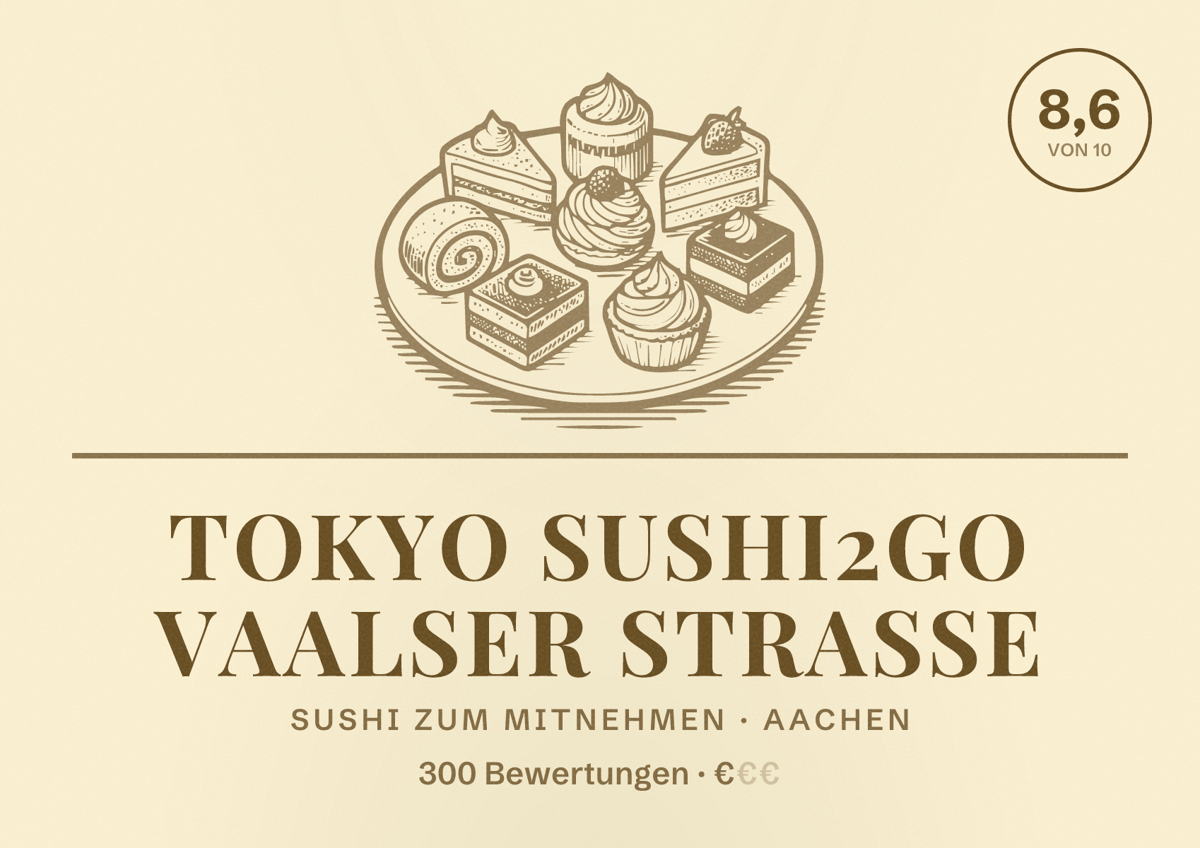 Illustriertes Poster von Tokyo Sushi2go Vaalser straße, Sushi zum Mitnehmen in Aachen: Bewertung 8,6 von 10 aus 300 Bewertungen, Preisniveau €