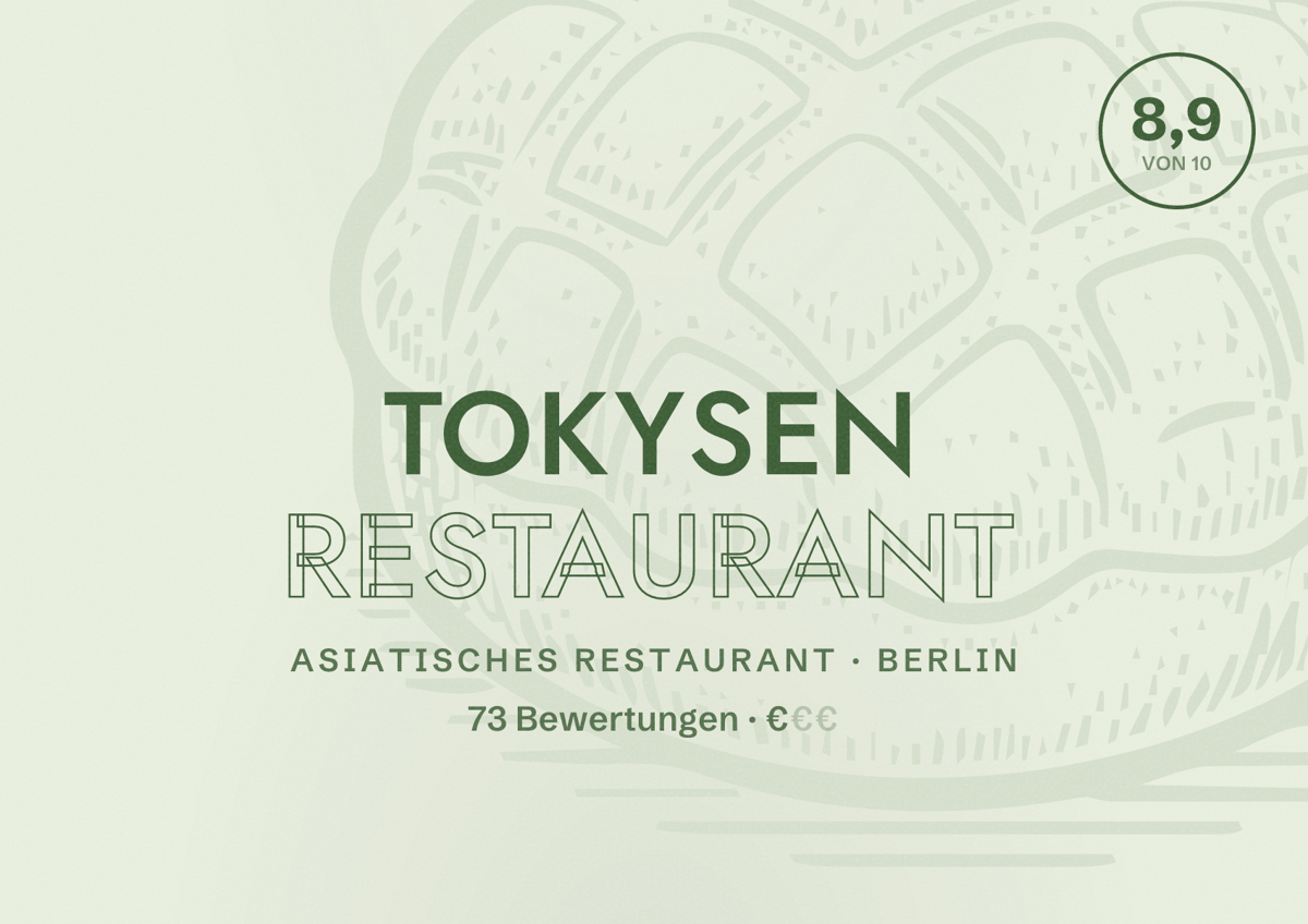 Illustriertes Poster von TokySen Restaurant, Asiatisches Restaurant in Berlin: Bewertung 8,9 von 10 aus 73 Bewertungen, Preisniveau €