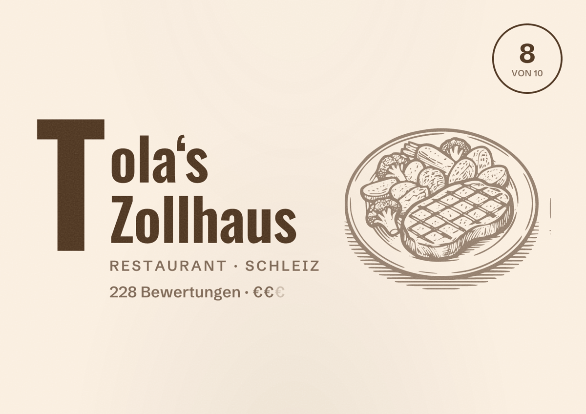 Illustriertes Poster von Tola‘s Zollhaus, Restaurant in Schleiz: Bewertung 8 von 10 aus 228 Bewertungen, Preisniveau €€