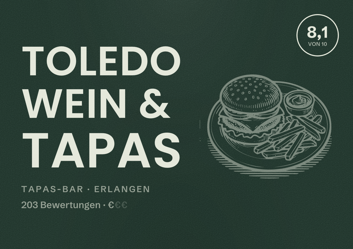 Illustriertes Poster von Toledo Wein & Tapas, Tapas-Bar in Erlangen: Bewertung 8,1 von 10 aus 203 Bewertungen, Preisniveau €