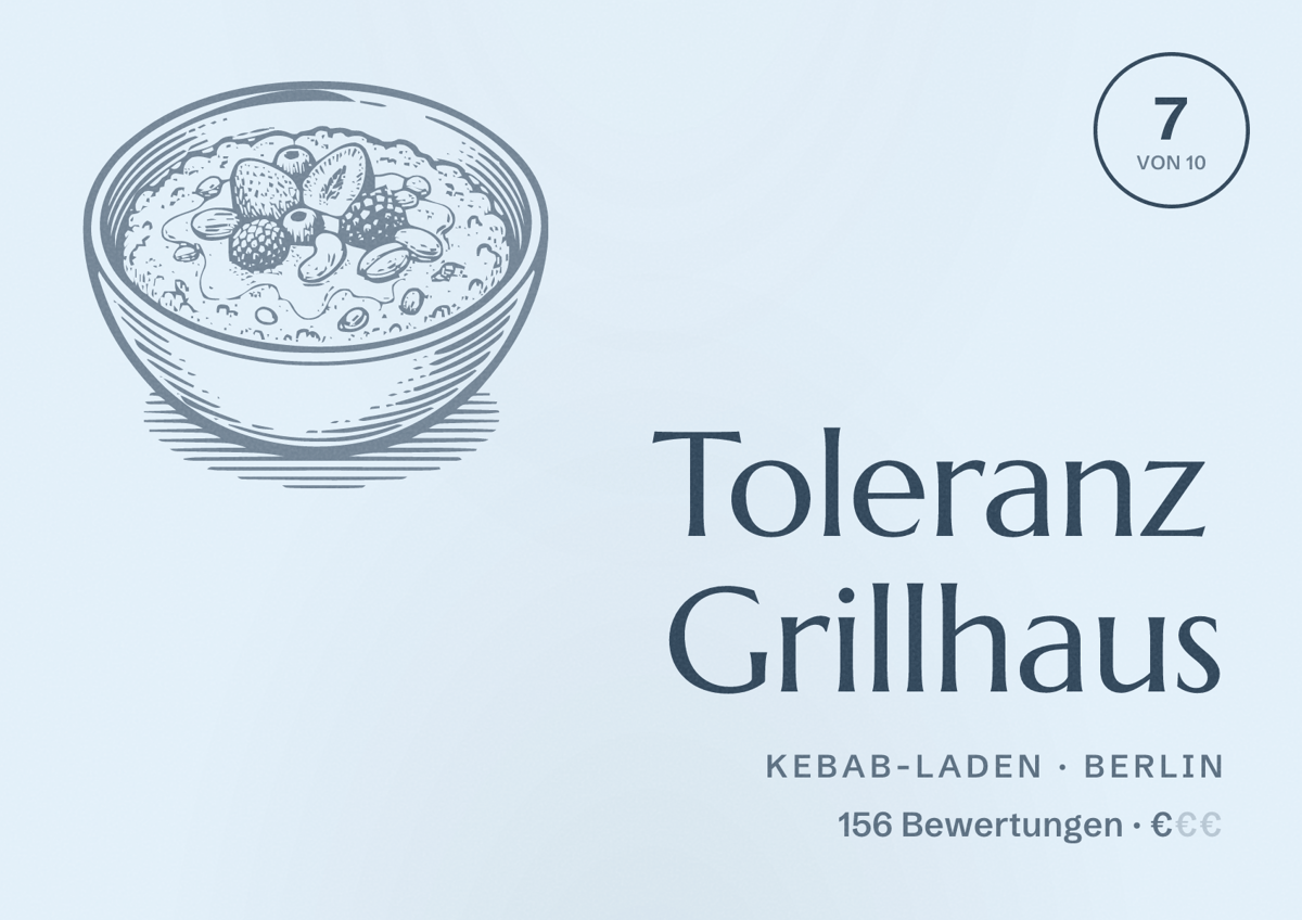 Illustriertes Poster von Toleranz Grillhaus, Kebab-Laden in Berlin: Bewertung 7 von 10 aus 156 Bewertungen, Preisniveau €