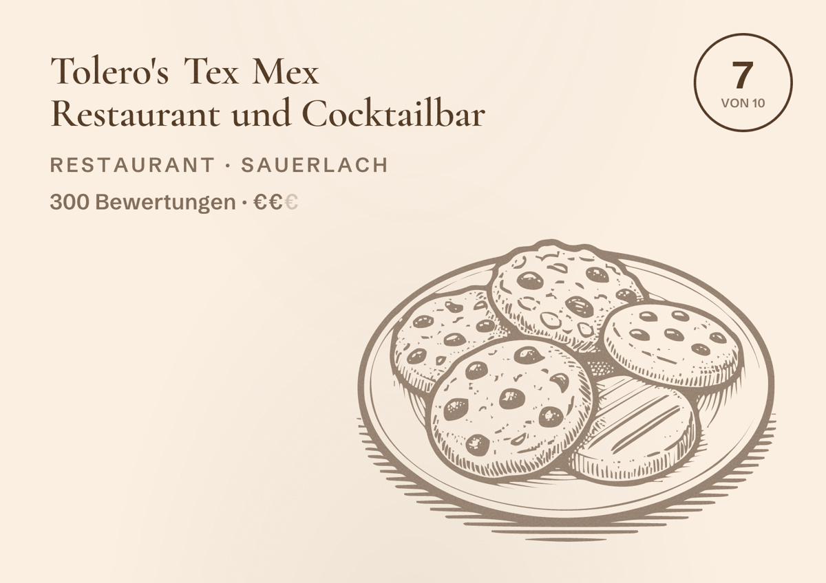 Illustriertes Poster von Tolero's Tex Mex Restaurant und Cocktailbar, Restaurant in Sauerlach: Bewertung 7 von 10 aus 300 Bewertungen, Preisniveau €€