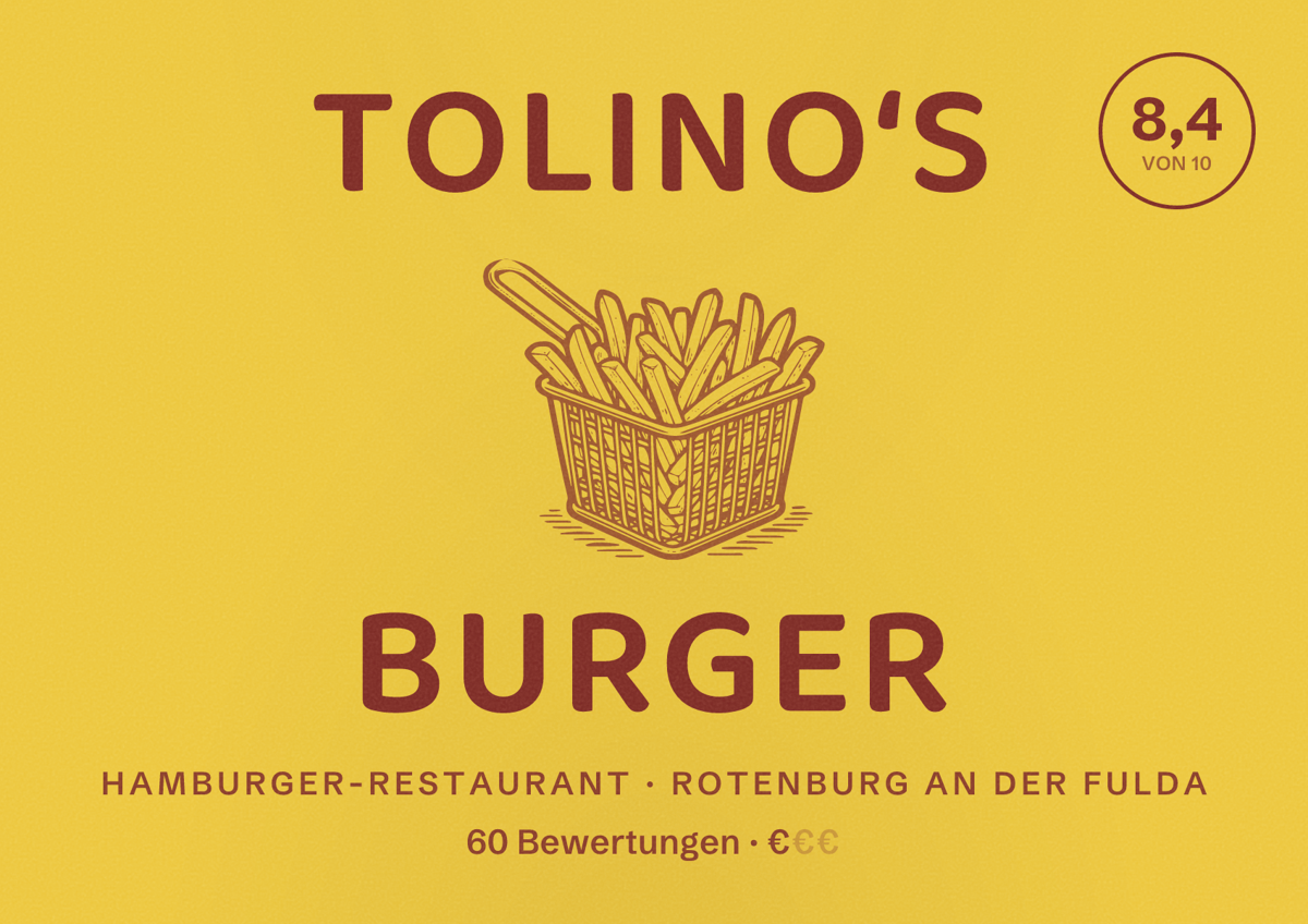 Illustriertes Poster von Tolino‘s Burger, Hamburger-Restaurant in Rotenburg an der Fulda: Bewertung 8,4 von 10 aus 60 Bewertungen, Preisniveau €